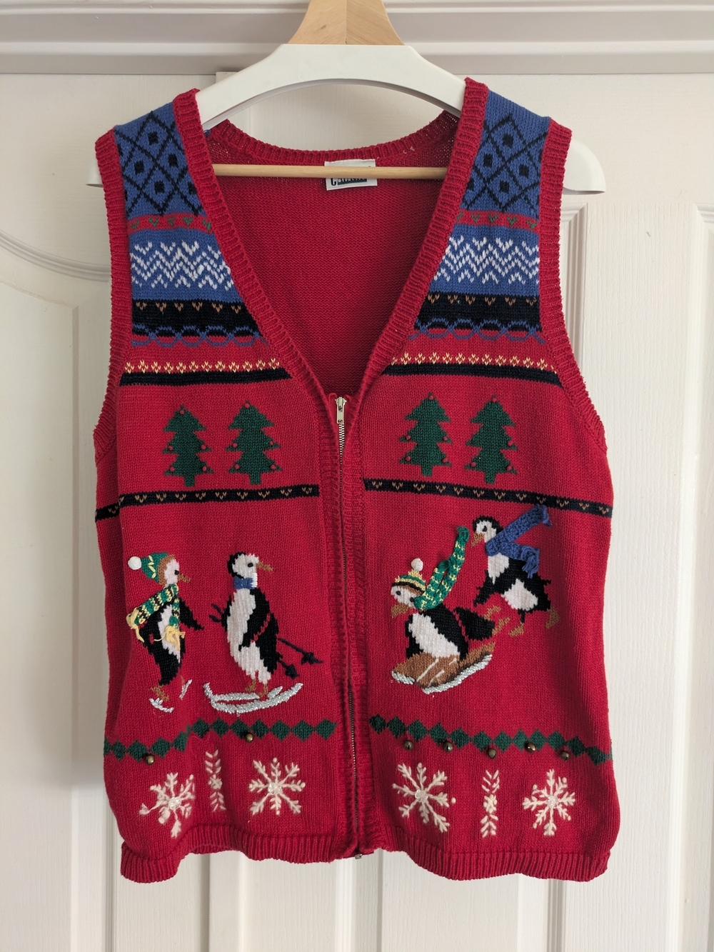 Festive Red Penguin Zip-Up Holiday Sweater Vest